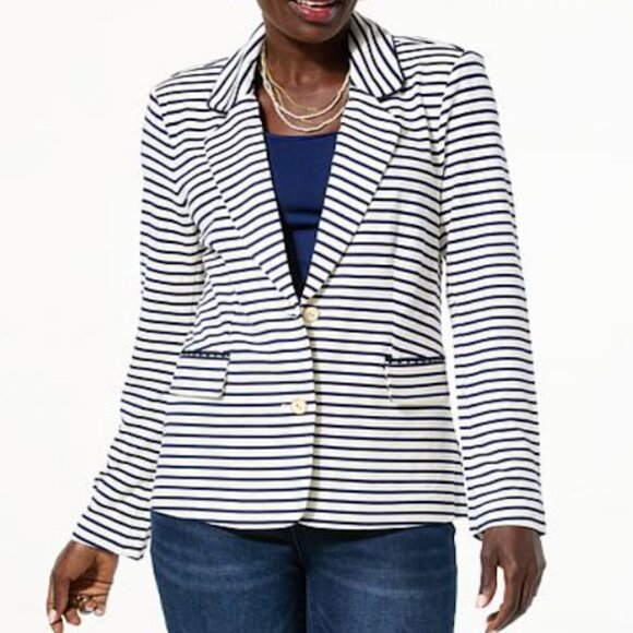 Navy Blue Stripes Ponte Knit Blazer Jacket Nautical Paris Preppy Women XS - Picture 1 of 8